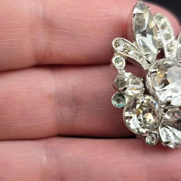 Eisenberg Vintage Rhinestone Clip-On Earrings  Floral Silver-Tone Statement READ - Picture 5 of 11